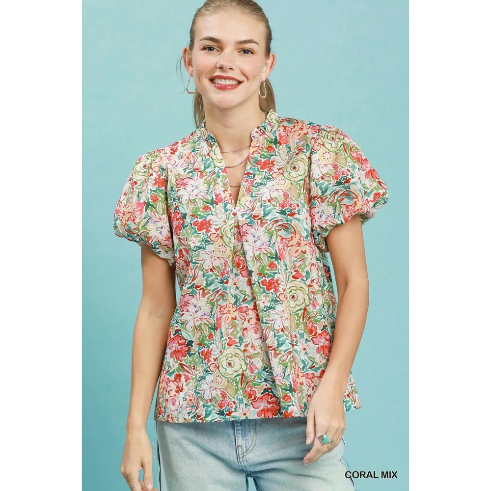 Umgee Floral Puff Sleeve Blouse - Coral Mix - Large